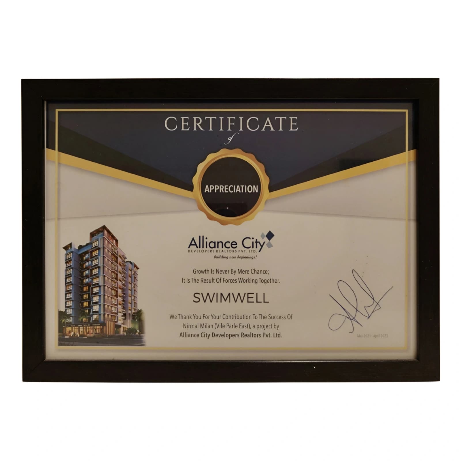 Alliance City Certificate of Appreciation - Swimwell Pools Award & Recognition