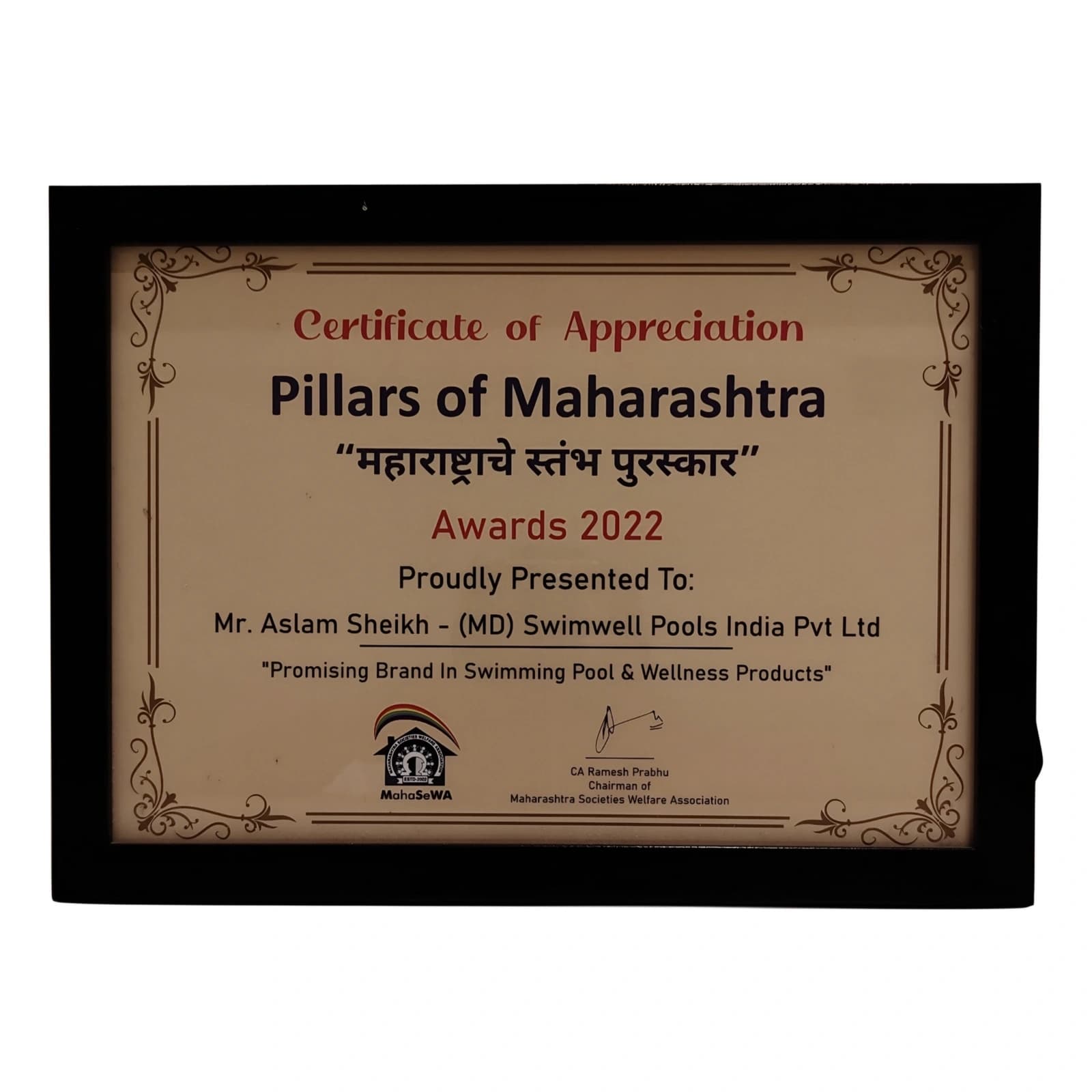 Pillars of Maharashtra Award - Swimwell Pools Award & Recognition