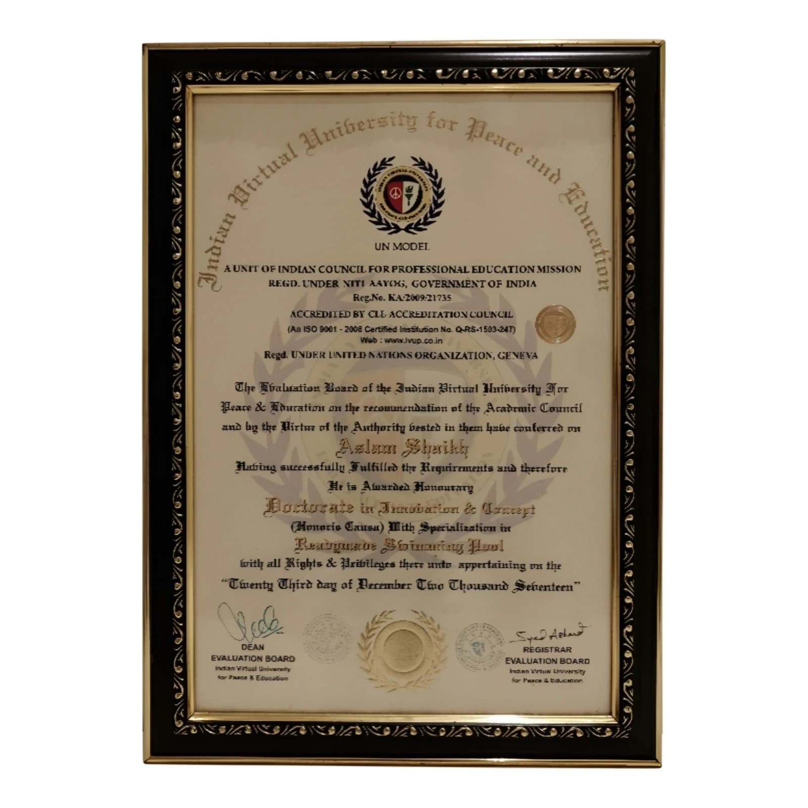 UN Model Diploma of Excellence - Swimwell Pools Award & Recognition