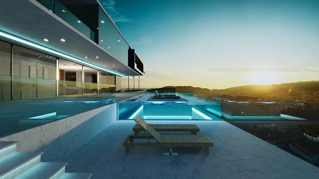 Glass Swimming Pool installation featuring transparent acrylic panels and modern design